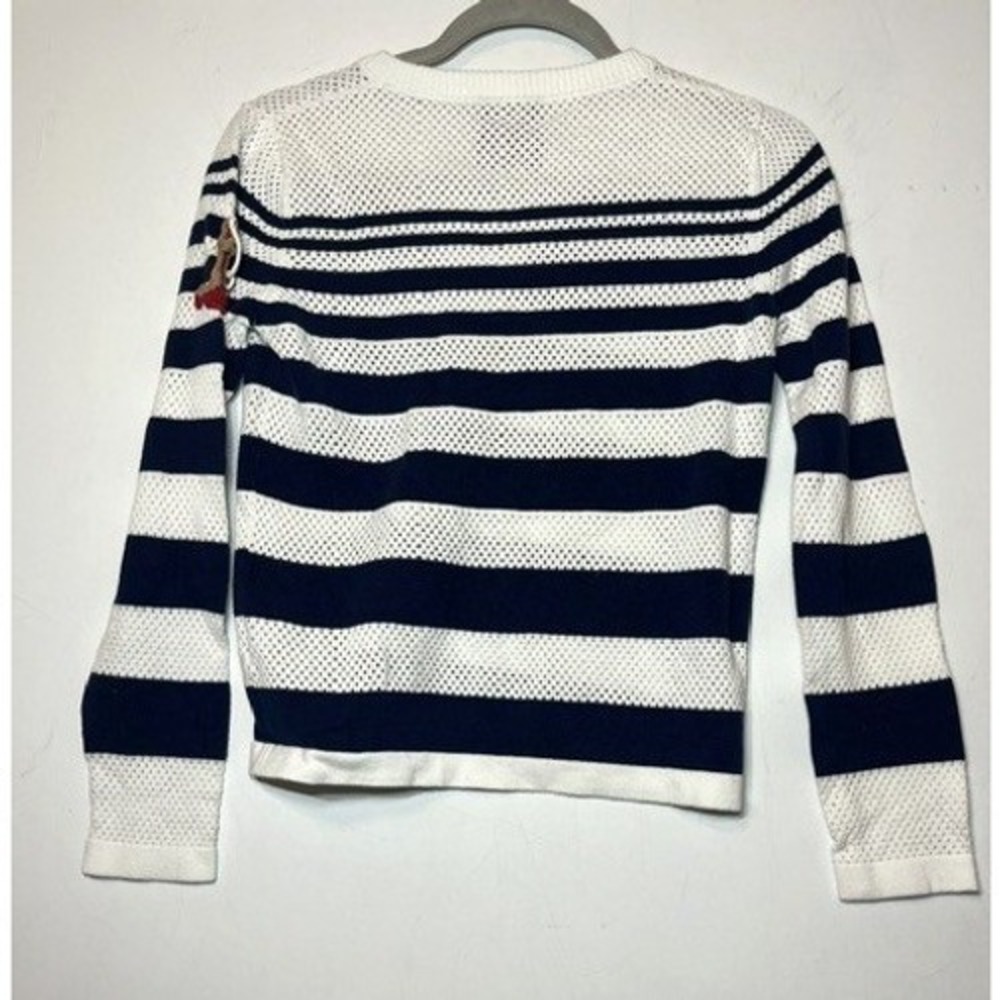 Happy Sheep Women Navy White Striped Cotton Mesh Sweater Crochet Patches Small - Picture 2 of 7